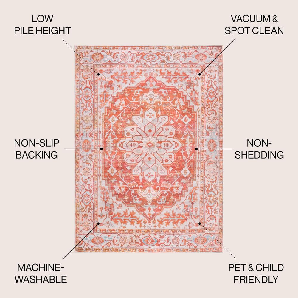 Asa Ornate Medallion Washable Orange and Cream 9' x 12' Synthetic Area Rug