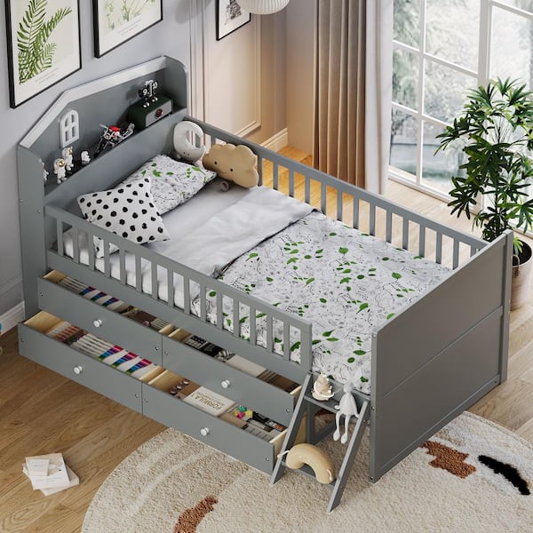 Lilly Gray Wood Frame Twin Size Platform Bed, Kids Bed with Storage 4 Drawers, House-Shaped Headboard, Guardrail, Ladder