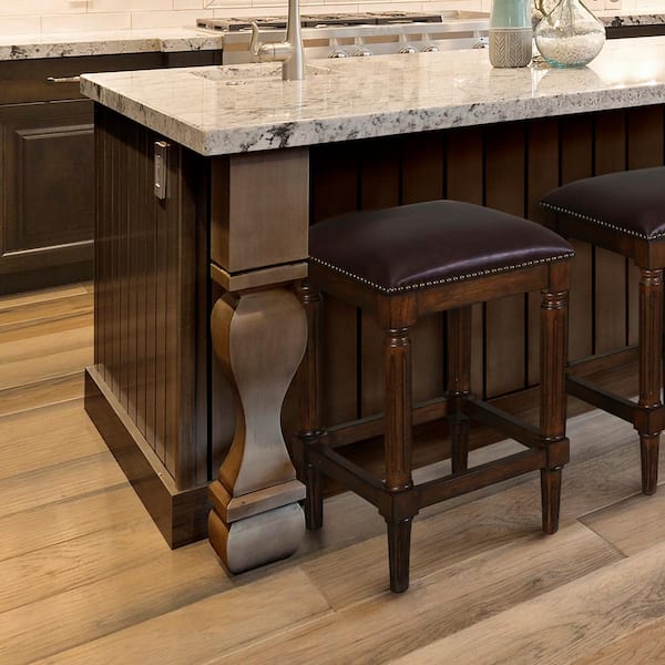 Manchester 27 in.H Distressed Walnut Backless Wood Square Counter Stool with Faux Leather Seat