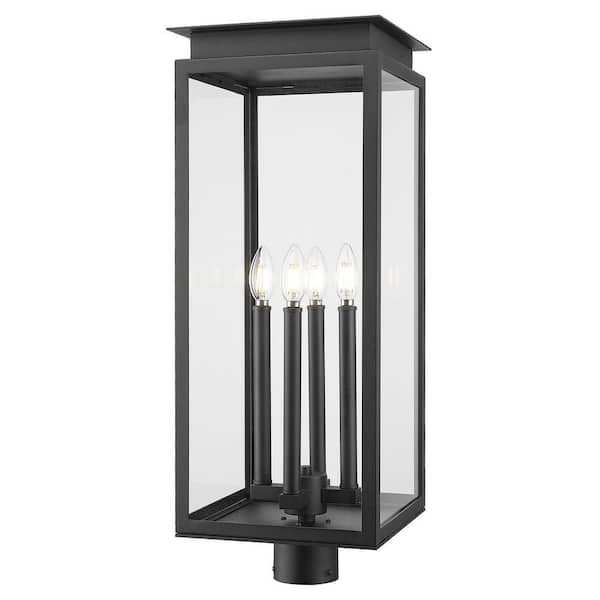 Nova 4 Light Black Aluminum Weather Resistant Outdoor Post Light Fixture with Clear Glass Shade with No Bulbs Included