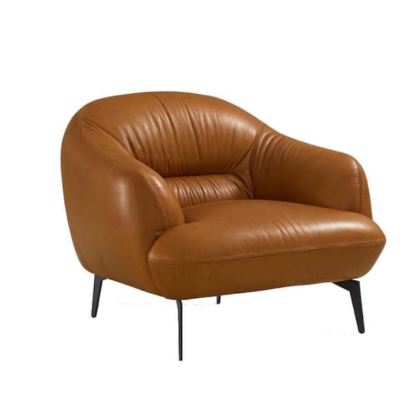 Benjara Brown Leather Armchair with Metal Legs
