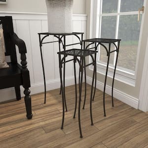 28 in. and 26 in. and 24 in. Square Indoor or Outdoor Black Iron Metal Cut Out Design 3-Tier Plant Stand (3-Pack)