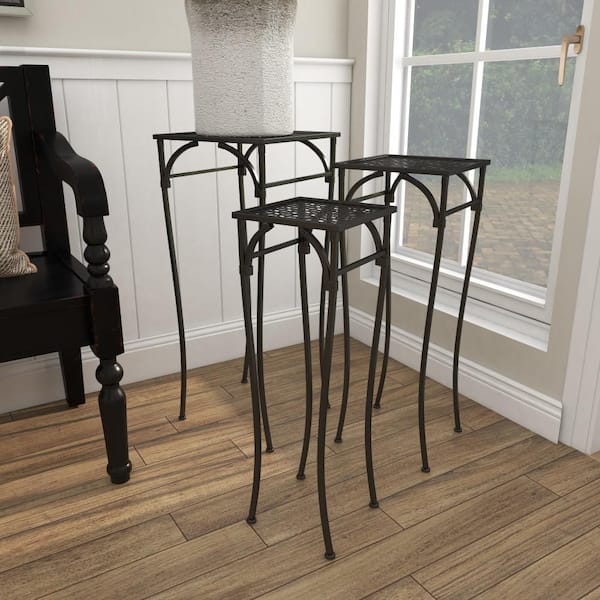 Litton Lane 28 in. and 26 in. and 24 in. Square Indoor or Outdoor Black Iron Metal Cut Out Design 3-Tier Plant Stand (3-Pack)