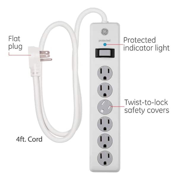 GE 6 Outlet Surge Protector with 6 ft. Cord, White