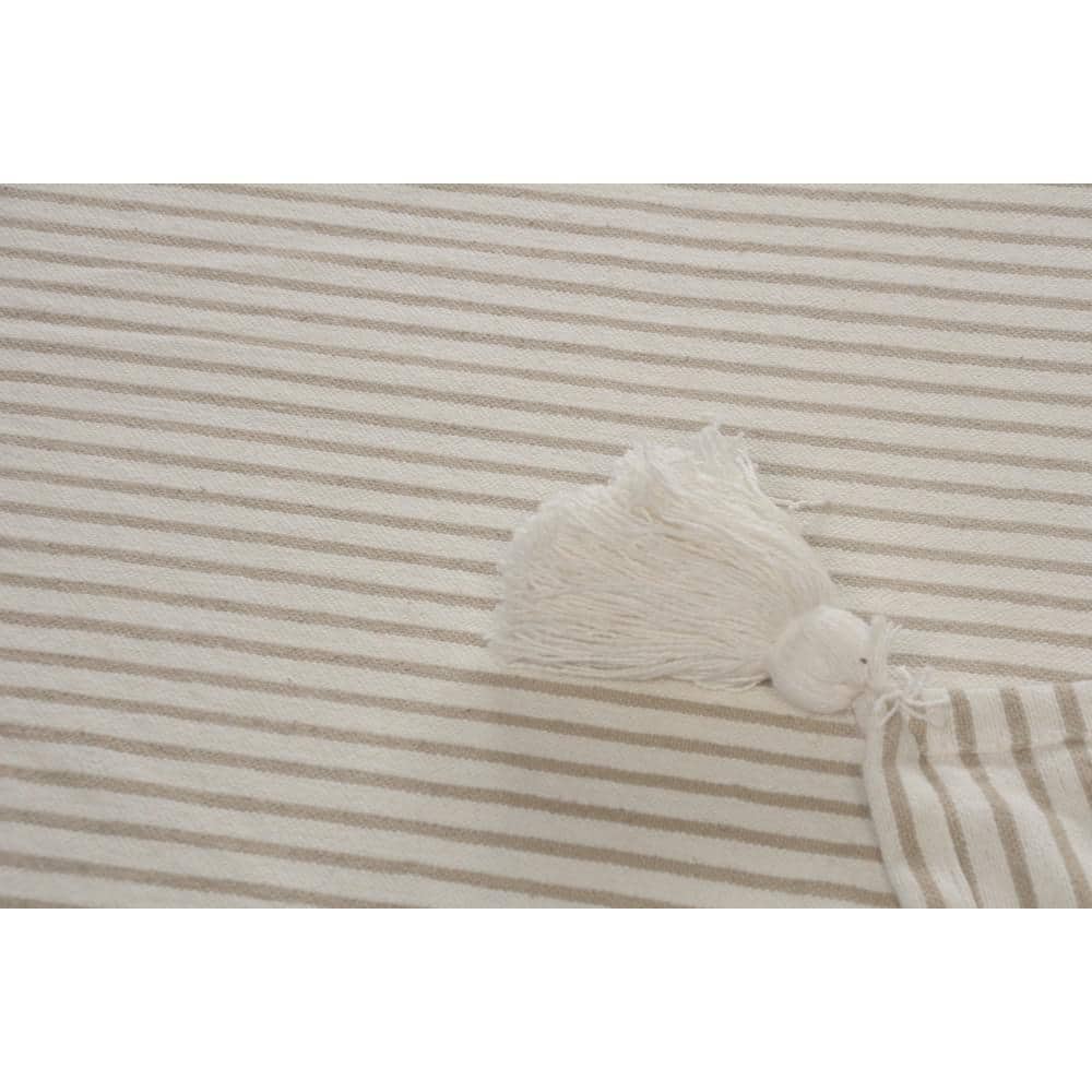Ivory and Beige Striped Cotton Throw Blanket with Tassels