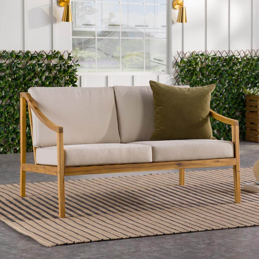 Natural Solid Acacia Wood Curved Arm Outdoor Loveseat with Beige Cushions