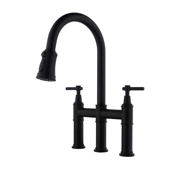 YONKI SUNSHIN INC Double Handle Bridge Kitchen Faucet with Pull-Down Sprayhead in Matte Black
