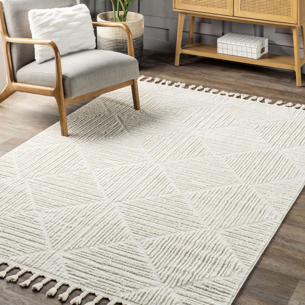 Cream Geometric Textured Synthetic Tasseled Area Rug