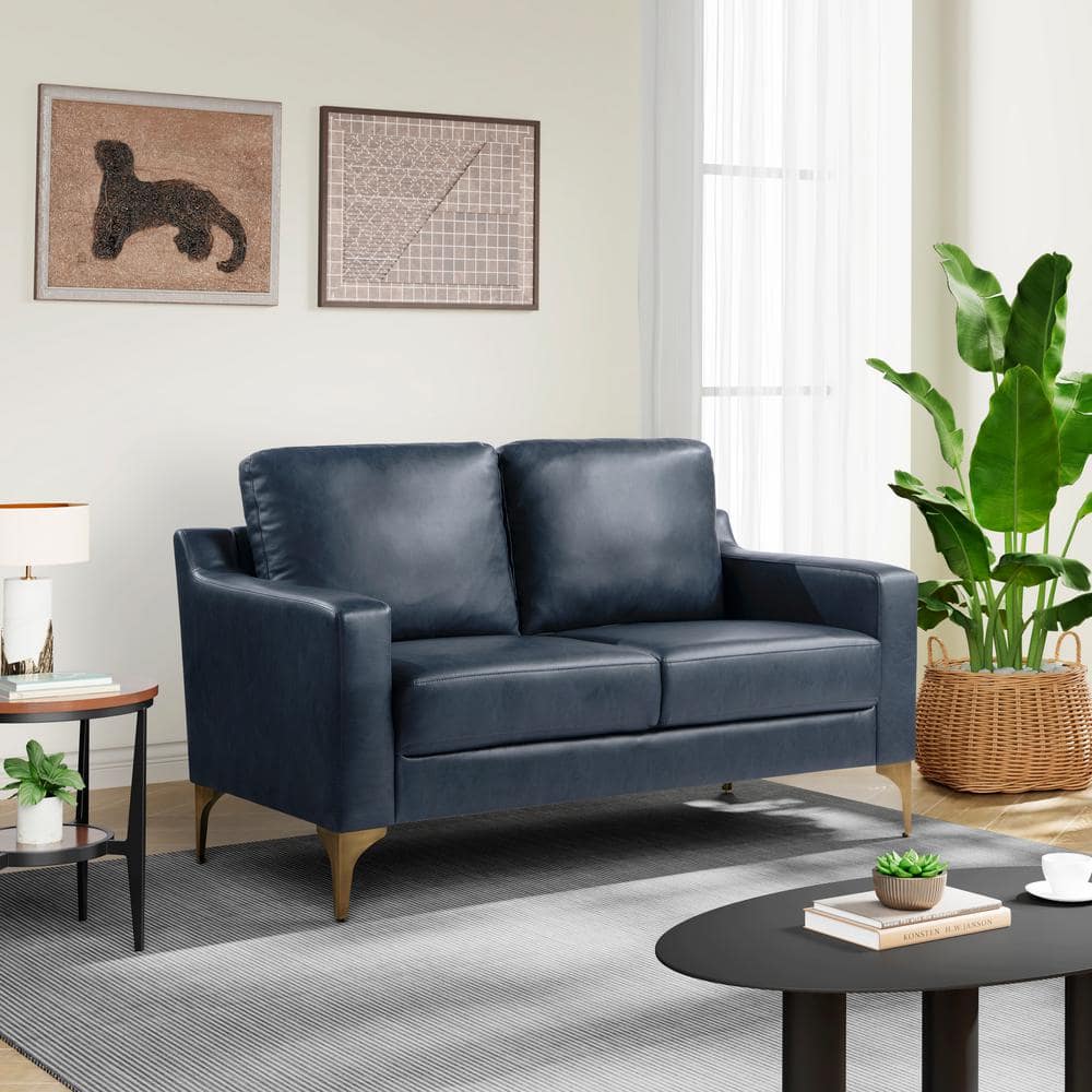 Navy Faux Leather Lawson Loveseat with Wood Legs