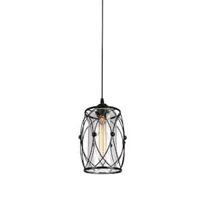 1-Light Black Vintage Industrial Style Cage Mini Pendant Light with Glass Shade