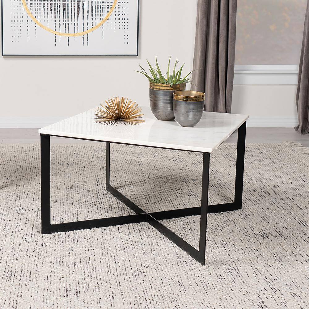 Tobin Square White Marble Top Coffee Table with Black Metal Frame