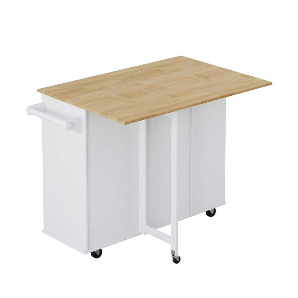 White Rubber Wood 46.46 in. Kitchen Island Cart with Door