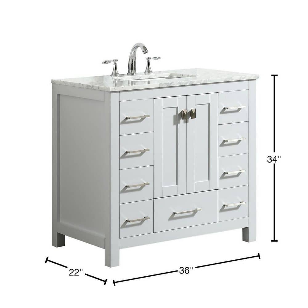 Hampton 36" White Solid Wood Bathroom Vanity with Carrara Marble Top