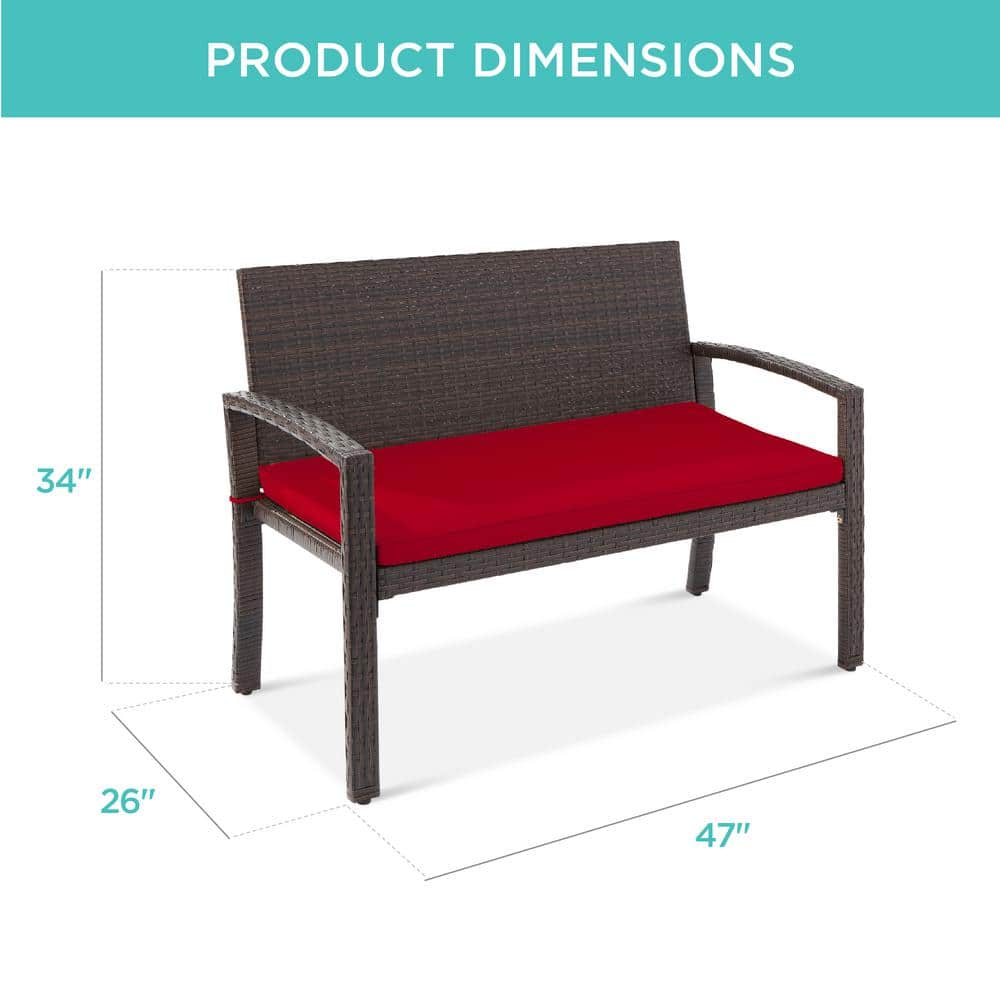 Cozy Haven 2-Person Brown Wicker Outdoor Bench with Red Cushion