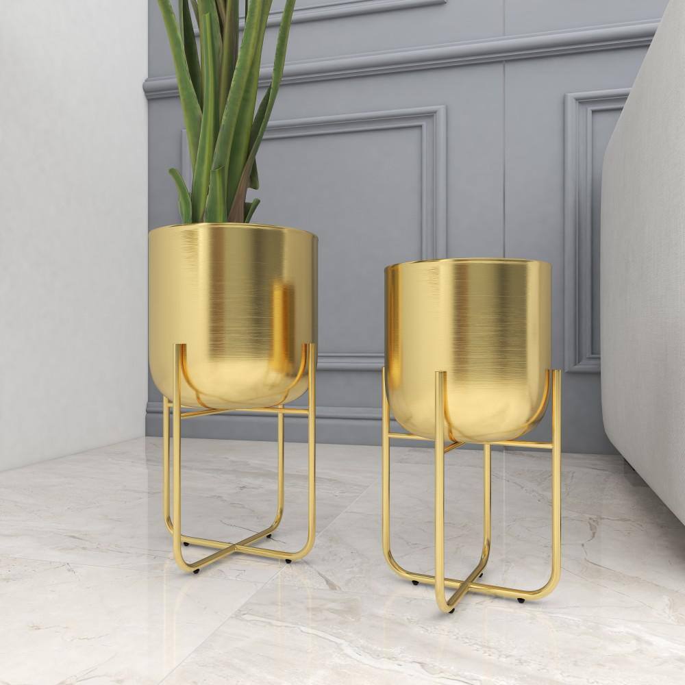 Gold Brushed Dome Metal Planter Set with Stands