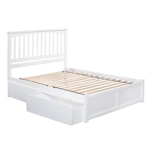 Mission White Queen Solid Wood Storage Platform Bed with Flat Panel Foot Board and 2 Bed Drawers