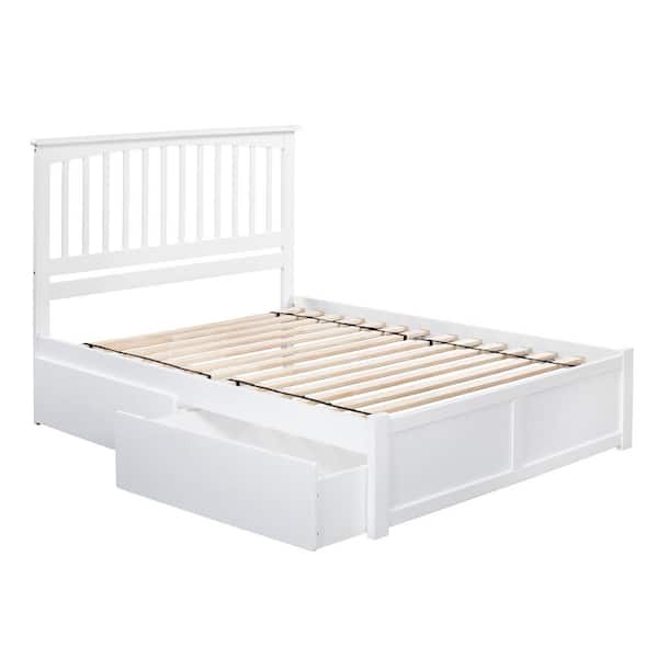 AFI Mission White Queen Solid Wood Storage Platform Bed with Flat Panel Foot Board and 2 Bed Drawers