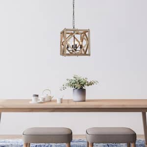 Farmhouse Brown Wood Candlestick Island Chandelier with Geometric Openwork Square Frame, 4-Light Dining Room Pendant