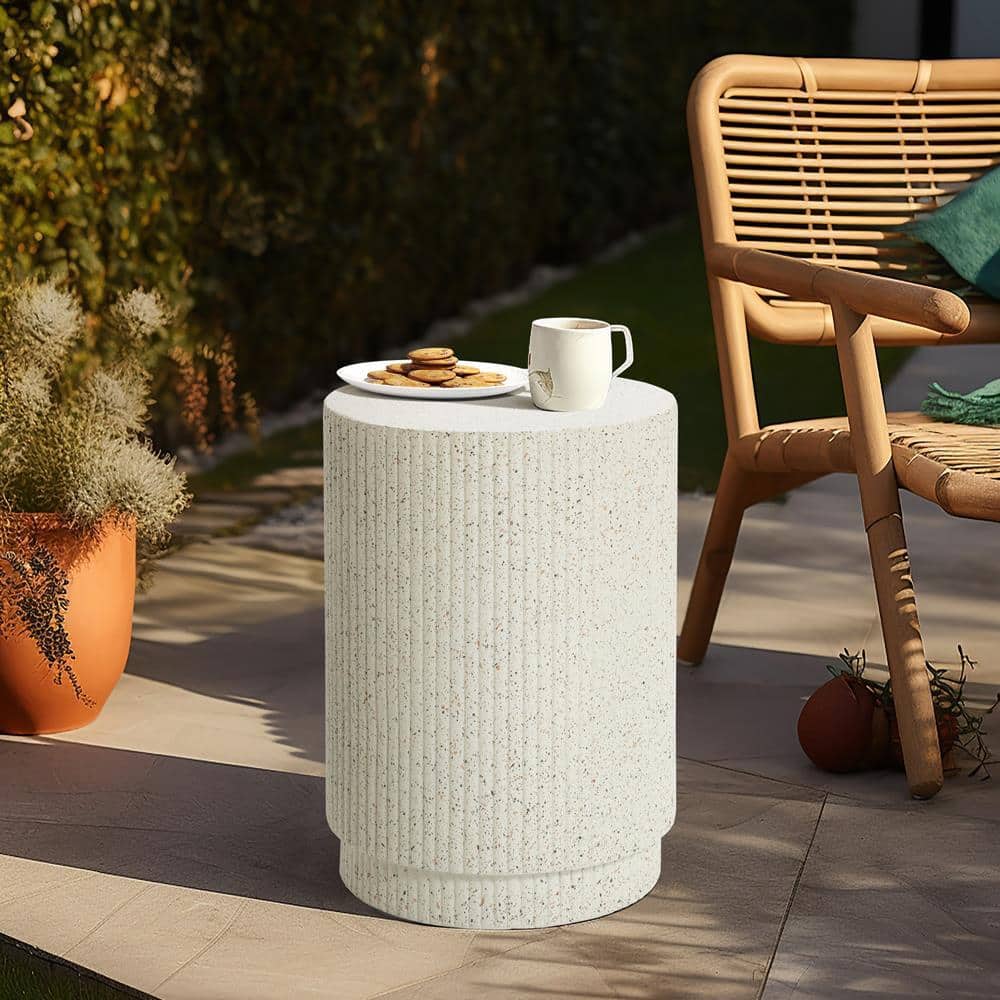 Ivory White Cement Round Outdoor Side Table with Gray Flecks