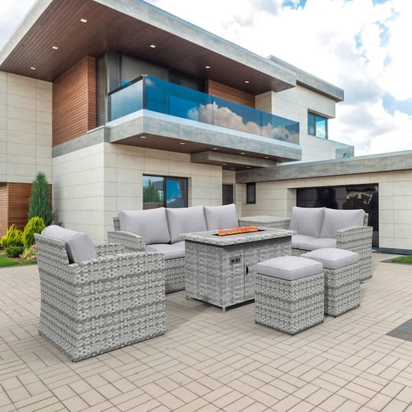 moda furnishings Gray 7-Piece Wicker Patio Conversation Set Rectangle Firepits with Gray Cushions