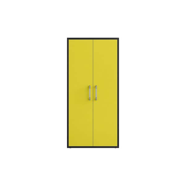 Manhattan Comfort Eiffel 35.43 in. W x 73.43 in. H x 17.72 in. D 4-Shelf Composite Wood Freestanding Cabinet in Matte Black and Yellow