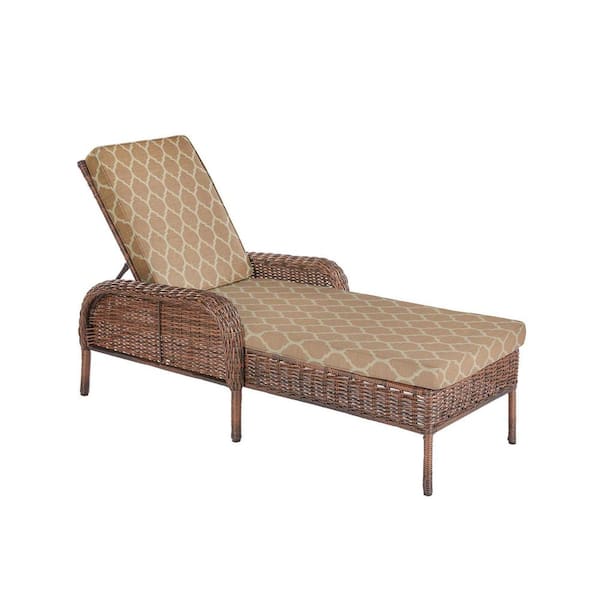 Hampton Bay Cambridge Gray Wicker Outdoor Patio Chaise Lounge with CushionGuard Toffee Trellis Tan Cushions