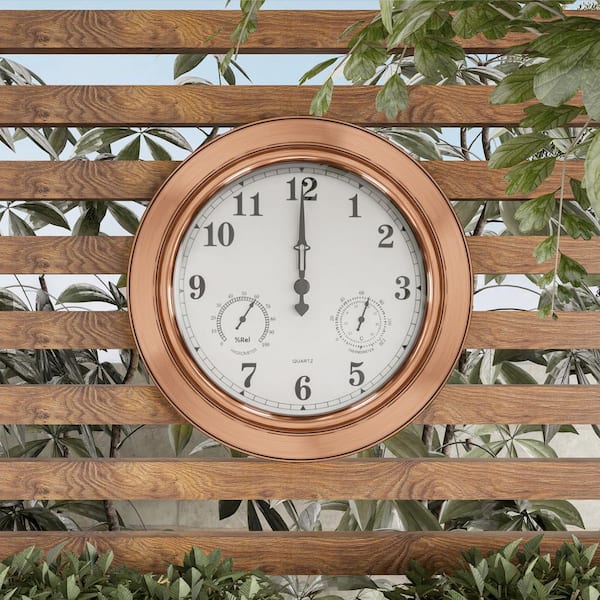 Earth Worth Indoor/Outdoor Copper 18 Wall Clock with Waterproof Thermometer and Hygrometer, Brown