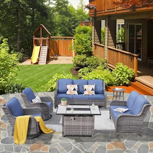 Vincent Gray 6-Piece Wicker Patio Rectangular Fire Pit Set with Denim Blue Cushions and Swivel Rocking Chairs