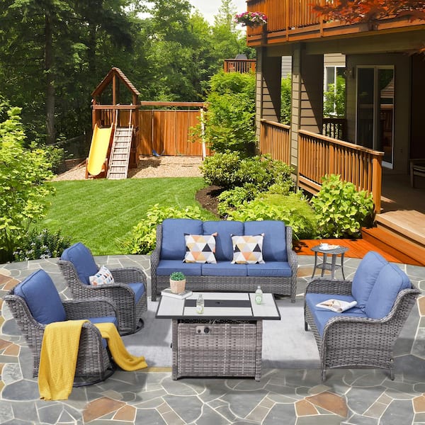 XIZZI Vincent Gray 6-Piece Wicker Patio Rectangular Fire Pit Set with Denim Blue Cushions and Swivel Rocking Chairs