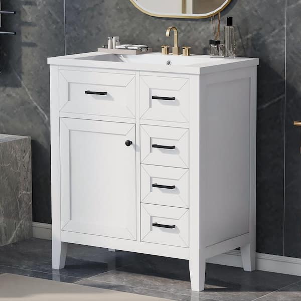 30 in. W Single Sink Freestanding Bath Vanity in White with White Ceramic Top, 3-Drawers and 1-Door