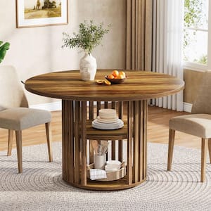 Roesler Brown Engineered Wood 47 in. Pedestal Base Dining Table, Round Kitchen Dinner Table with Storage Shelf Seats 4