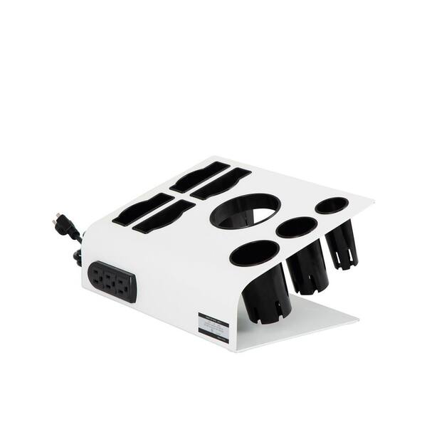 Amucolo Large 8-Hole Salon Desktop Appliance Holder Hair Dryer Holder Tool Stand Hair Tool Organizer in White with 3-Plug Outlet