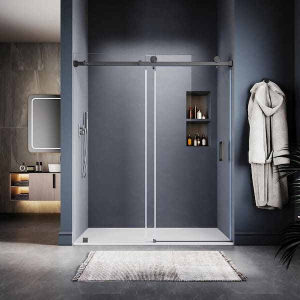 UNIKOO UKS05 66 to 72 in. W x 80 in. H Sliding Frameless Shower Door in Space Gray, EnduroShield 3/8 in. SGCC Clear Glass