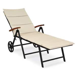 Brown Aluminum Reclining Rattan Outdoor Chaise Lounge with Wheels and Beige Cushions