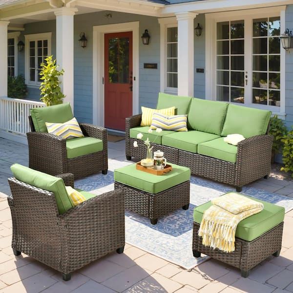 HOOOWOOO Marcia 5-Piece Wicker Modern Outdoor Patio Conversation Sofa Seating Set with Green Cushions