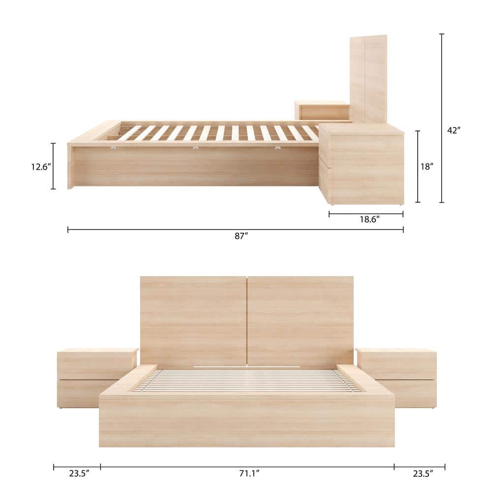 Light Brown Wood Queen Platform Bed with Nightstands