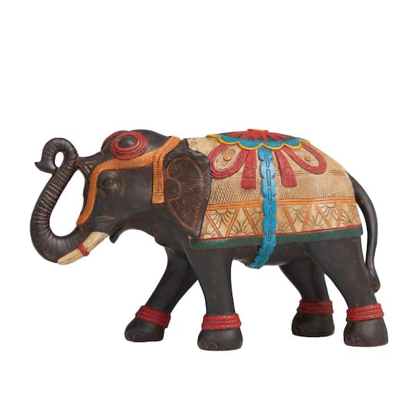Litton Lane Multi Colored Resin Handmade Decorated Elephant Sculpture with Intricate Carvings and Floral Designs