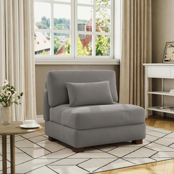 Uixe 38 in. Armless Corduroy Rectangle Sectional Center 1-Seat Sofa in Light Gray
