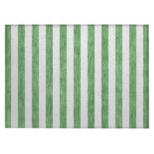 Green and White 2 ft. x 3 ft. Woven Striped Polyester Rectangle Indoor/Outdoor Area Rug