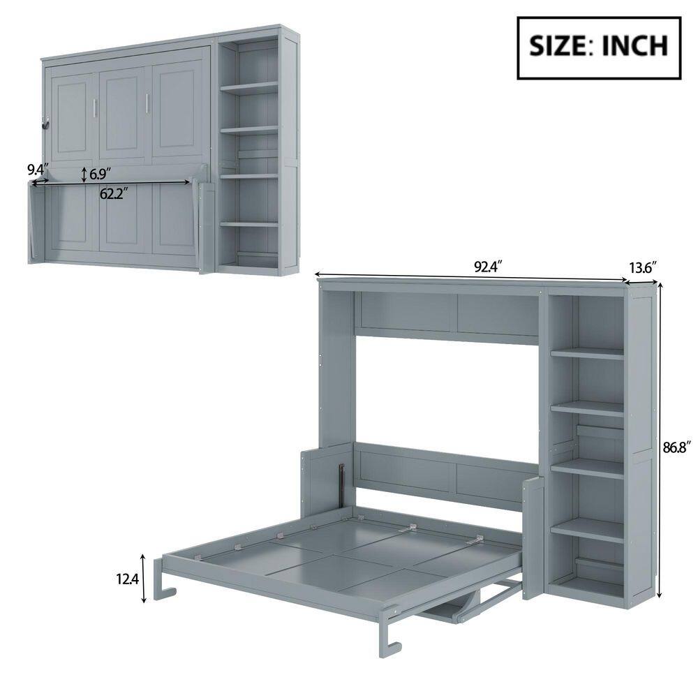 White Wood Frame Queen Size Murphy Bed Wall Bed with Integrated Desk and Storage Shelves - thumbnail 2