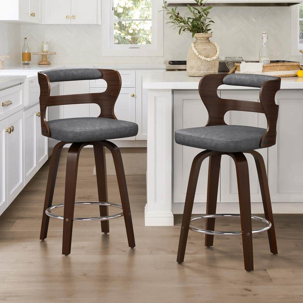 26 in. Gray Faux Leather and Deep Walnut Wood Mid-Century Modern Swivel Counter Height Bar Stool (Set of 2) -  cozyman