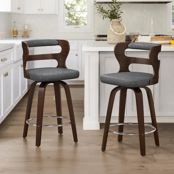 OrangeOne 26 in. Gray Faux Leather and Deep Walnut Wood Mid-Century Modern Swivel Counter Height Bar Stool (Set of 2)