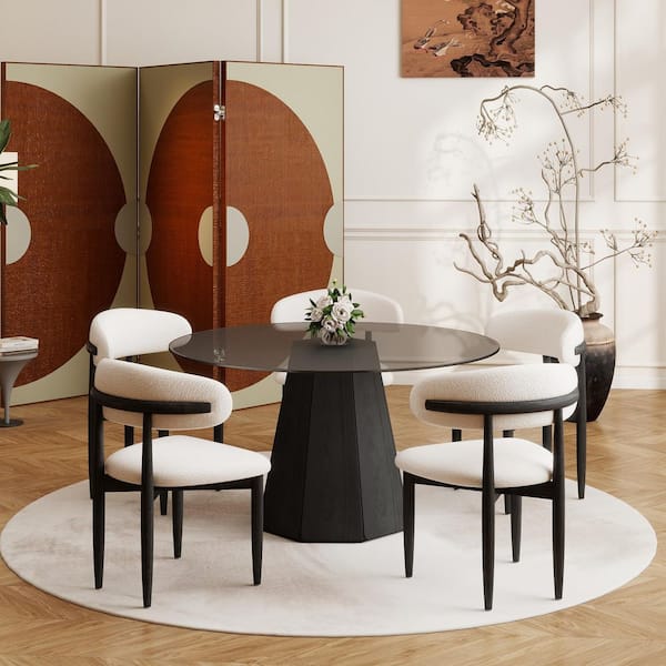 Magic Home Modern 53.15 in. Black Round Tempered Glass Tabletop Dining Table with Black Pedestal Base (Seats 6)