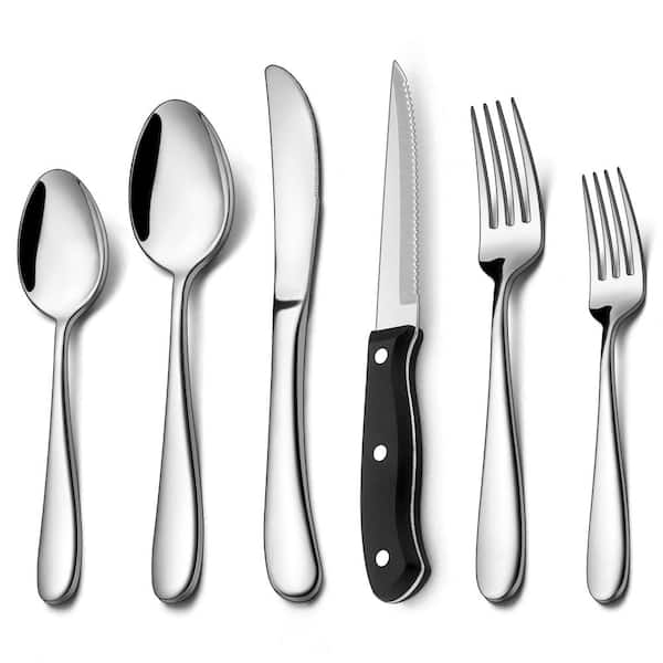 Heavy-Duty 18/10 Stainless Steel Silverware Set for 4 with Serrated Steak Knives, Mirror Finish, 24-Piece Flatware