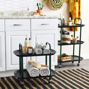 Modern Black and Dark Green Plastic and Metal 2-Tier Trolley with 4-Locking Casters