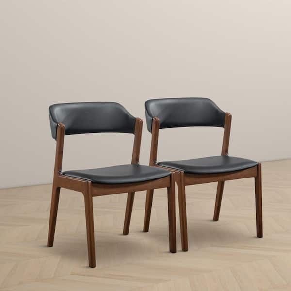 Edlyn Mid-Century Modern Brown and Black PU Leather Upholstered Dining Chair, Solid Wood Legs (Set of 2)