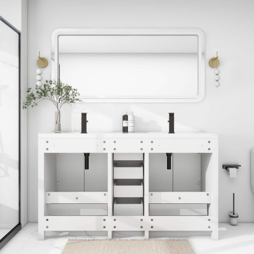 White MDF Double Sink Bathroom Vanity with Resin Top and Black Hardware