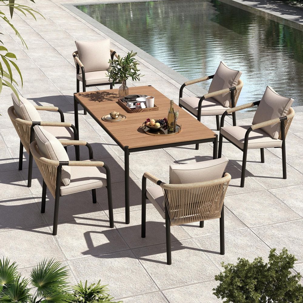 7-Piece Stackable Metal Outdoor Dining Set with Rope Chairs & Woodtop Table, Beige Cushions price history on PriceWatchPro