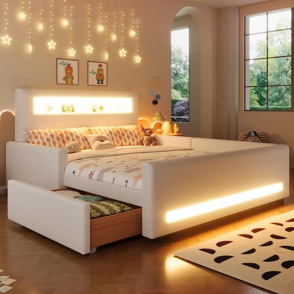 White Wood Frame Full Upholstered Platform Bed with LED Headboard, USB Port and Storage Drawer