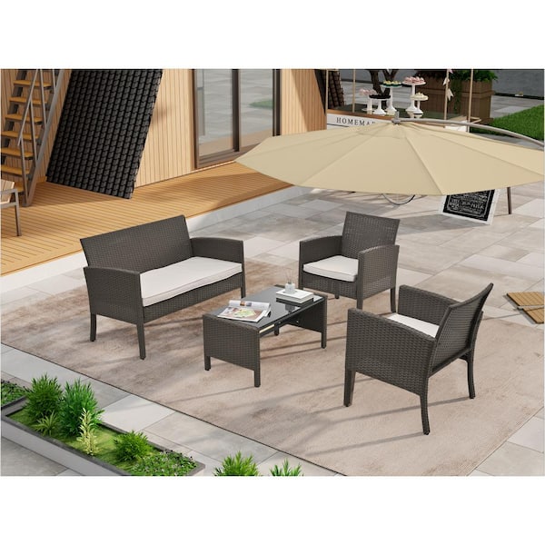 Sungrd 4-Pieces Outdoor Furniture Set PE Wicker Ratten Conversation Set Balcony Furniture with White Cushion and Table